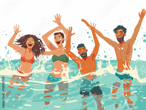  A group of friends take a refreshing dip in a crystal-clear lake escaping the summer heat with playful splashes and joyous shouts. 