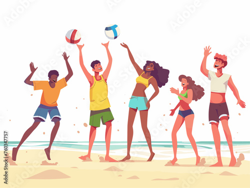  A group of teenagers play a lively game of volleyball on the beach their energy pulsing with the rhythm of summer. 