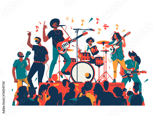  Musicians perform on an outdoor stage at a local festival their music filling the air with a joyful summer vibe and drawing in a dancing crowd. 