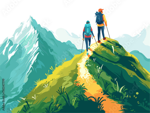  Tourists climb a mountain trail the breathtaking views rewarding their summer adventure and the effort spent reaching the summit. 