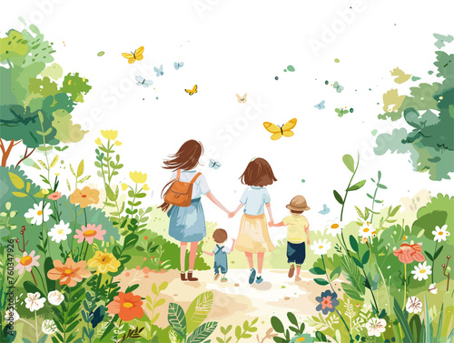  A family follows a peaceful path children excitedly pointing out wildlife and wildflowers along the way. 