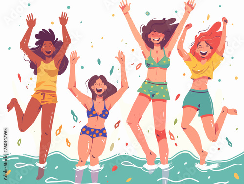  A group of friends laugh and race across the surface of a lake relishing the refreshing coolness on a hot day. 