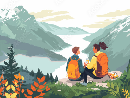  Hikers take a break on a scenic viewpoint unpacking their lunch and enjoying the breathtaking view while replenishing their energy. 