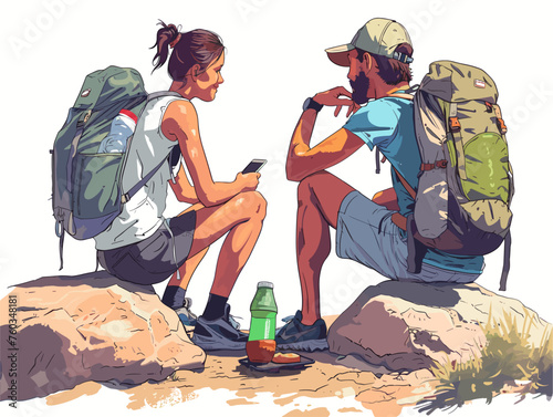  Hikers take a break on a scenic viewpoint unpacking their lunch and enjoying the breathtaking view while replenishing their energy. 