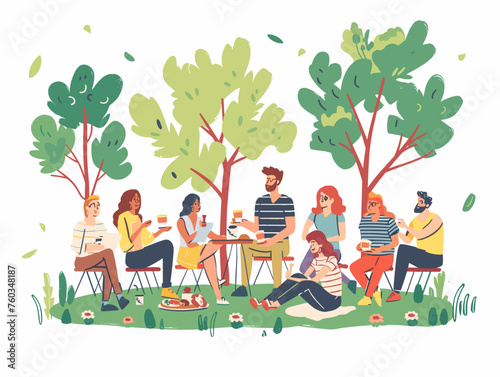  A group of colleagues gathers for a lunchtime picnic in the park connecting outside the office and building camaraderie. 