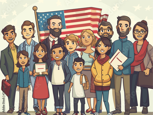  A group of immigrants stand proudly amongst the crowd at a naturalization ceremony celebrating their journey and becoming citizens. 