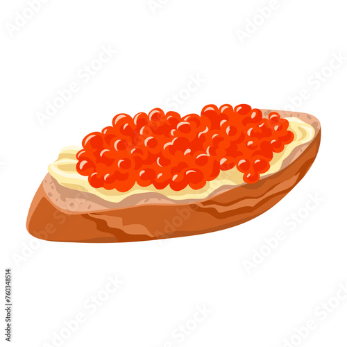 Sandwich with red caviar on bread and butter isolated on white. Bright colors, hand drawing snack meal. Vector clipart for delicacy or traditional holiday Russian food illustration, graphic design.