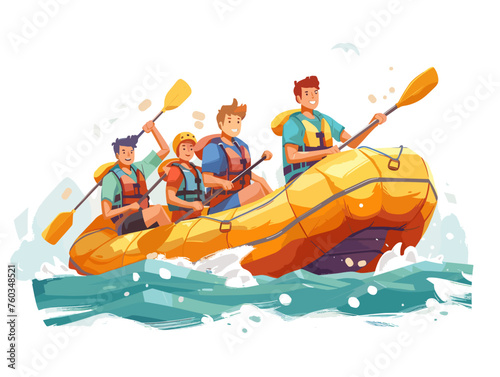  A group of friends take a whitewater rafting adventure navigating challenging rapids and enjoying the adrenaline rush while working together as a team.  photo