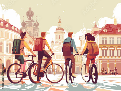  A group of friends explore a historical city on bikes stopping at landmarks and museums to learn about the past and soak in the unique atmosphere. 