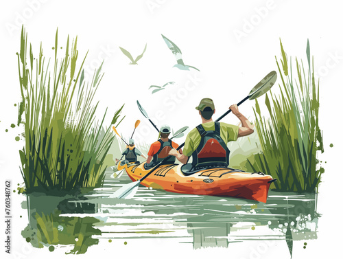  A group of kayakers paddle through a peaceful marsh observing diverse birdlife and the serene beauty of nature. 