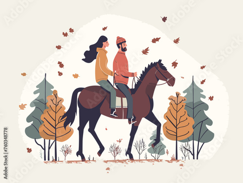  A couple takes a horseback ride through a scenic forest soaking in the tranquility of the natural surroundings. 
