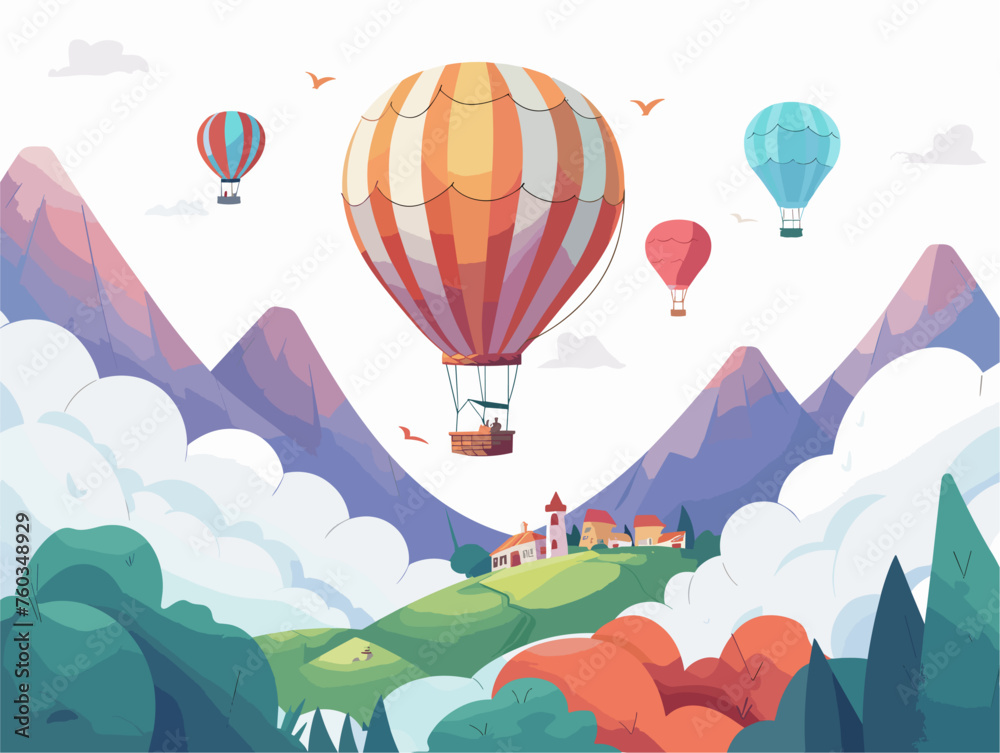 Obraz premium A group of friends take a hot air balloon ride over a valley soaring above the clouds and enjoying panoramic views of rolling hills and picturesque towns. 