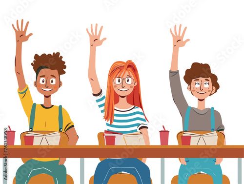  Students raise their hands in a classroom eager to answer questions and participate in the learning process. 
