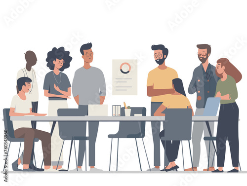  A group of colleagues gathers around a conference table discussing ideas and brainstorming solutions for a new project. 