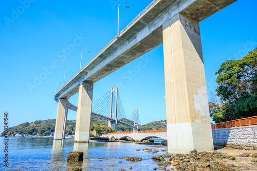 冬の呼子大橋と弁天遊歩橋　佐賀県唐津市　Yobuko Ohashi Bridge and Benten Promenade Bridge in winter. Saga Pref, Karatsu City. photo