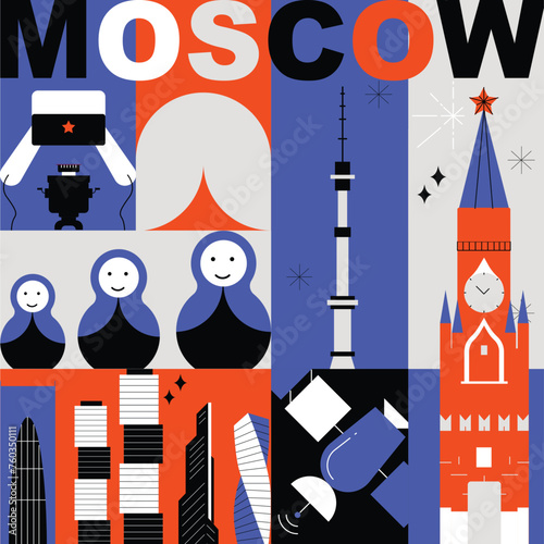 Typography word "Moscow" branding technology concept. Collection of flat vector web icons. Moscow culture travel set, famous architectures and specialties detailed silhouette. Russian famous landmark.
