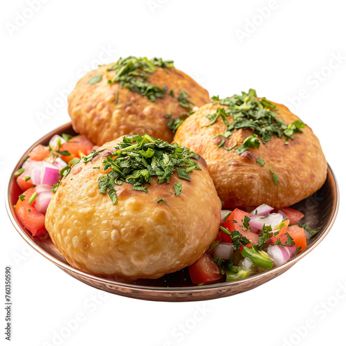  front view of delicious-looking Raj Kachori in a vintage copper plate, food photography style isolated on a white transparent background . photo