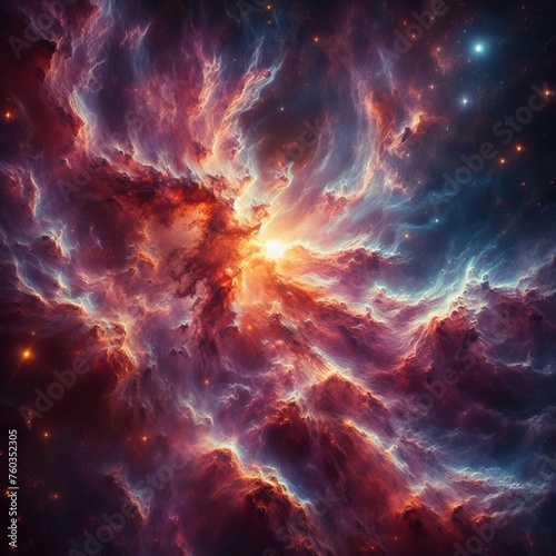 Illustration of a cosmic nebula with stars, galaxies and dark matter © pajus