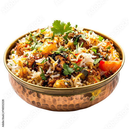 front view of scrumptious Kathal Biryani in an antique brass plate, food photography style isolated on a white transparent background .