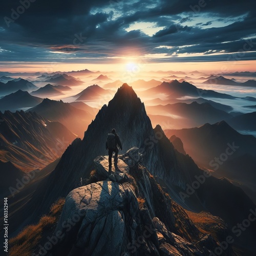 Wallpaper Mural A silhouette of a person stands on the peak of a mountain, as the sun rises above a sea of jagged peaks, illuminating the sky Torontodigital.ca