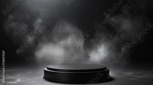 Round black podium with smoke on dark background photo