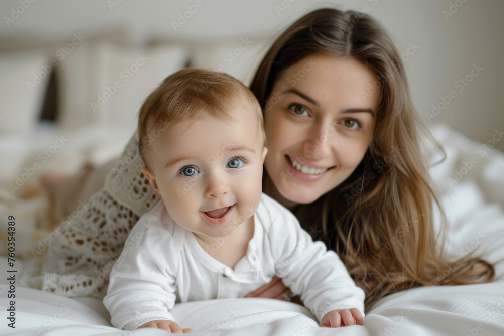 Close-up portrait of a happy mother and baby lying on a bed at home