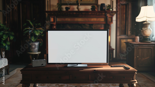 Mock up TV with blank screen placed beautifully on a traditional table. With a design that contrasts modern technology and a classic feel, Ai Generated Images