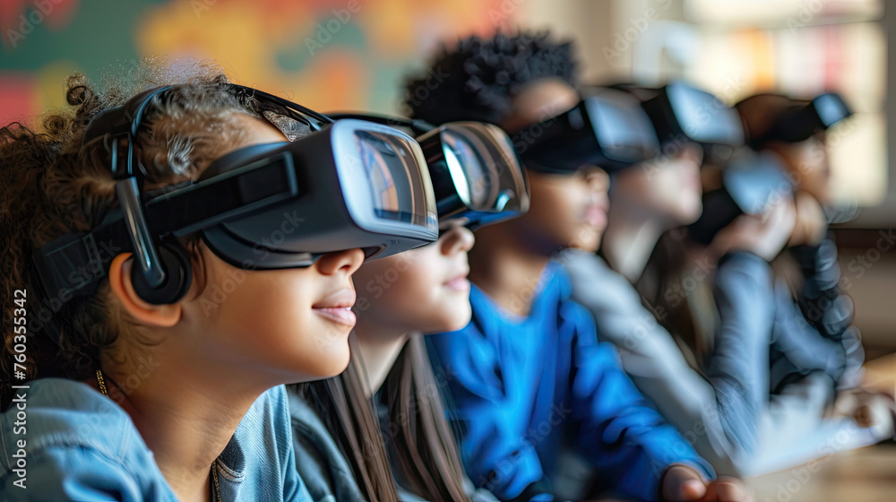 Multiethnic students using VR headsets in school Multiethnic students using VR headsets in school