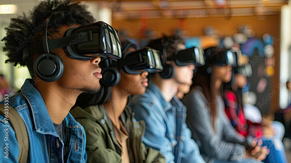 Multiethnic students using VR headsets in school Multiethnic students using VR headsets in school