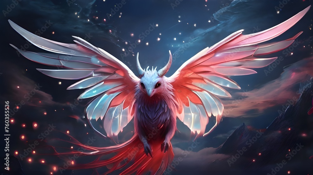 lovely phoenix with colors ranging from spectrum to Sweet tiny bluebird. adorable birds and animals. Sign of the spring. Good fortune, owl. glow and bokeh, nature, silhouette, cartoon, bird, dove, - obrazy, fototapety, plakaty 