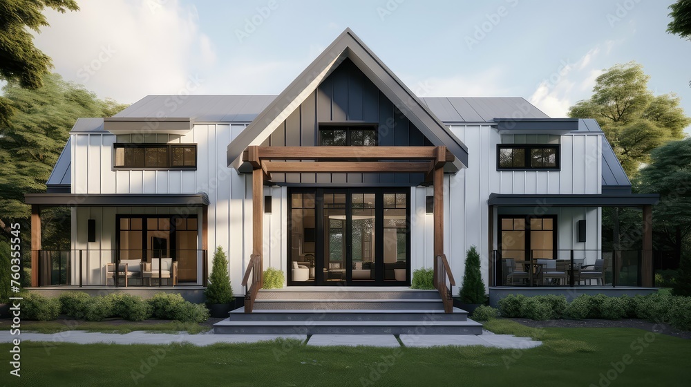 Obraz premium architecture design farmhouse building illustration country home, interior modern, traditional renovation architecture design farmhouse building