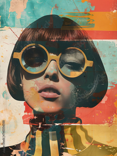 Retro Collage of Vintage Pop Fashion Girl with Round Glasses Poster HD Print Neo Art V8 1