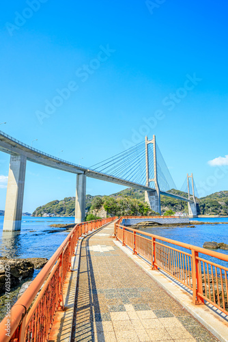 冬の呼子大橋と弁天遊歩橋　佐賀県唐津市　Yobuko Ohashi Bridge and Benten Promenade Bridge in winter. Saga Pref, Karatsu City. photo