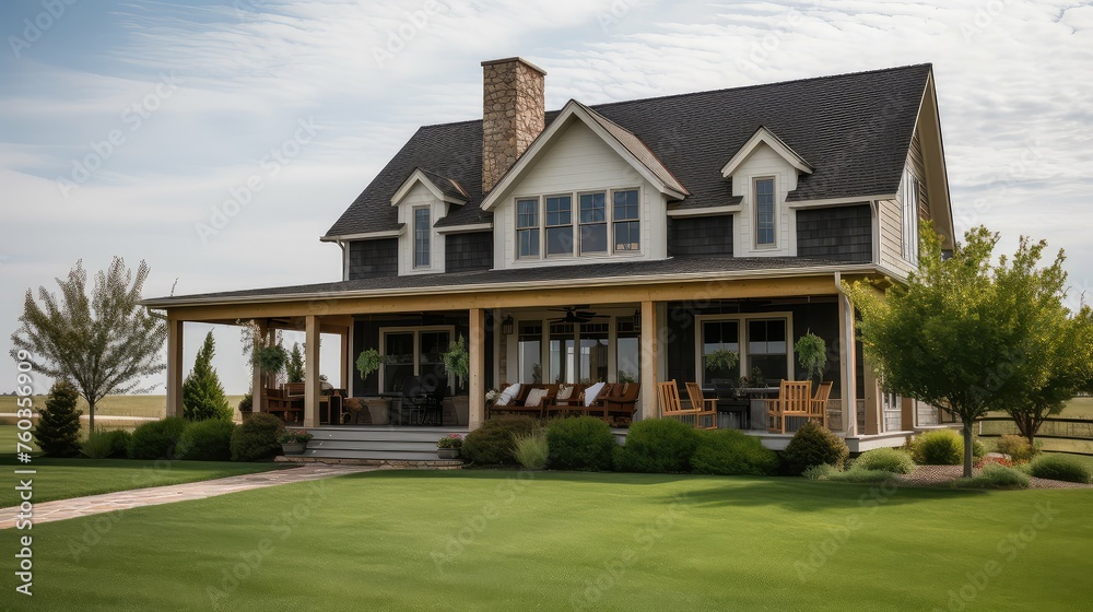 Obraz premium vintage exterior farmhouse building illustration weathered gable, homestead rural, quaint charming vintage exterior farmhouse building