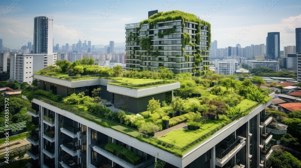 Obraz premium efficient green condominium building illustration leed friendly, solar recycled, efficient roof efficient green condominium building