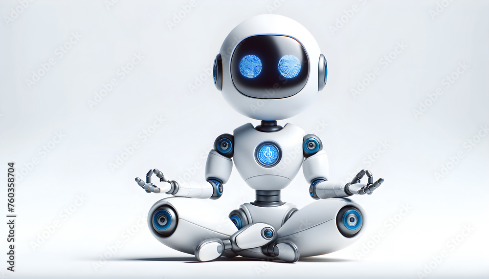 Detailed digital 3D caricature artwork depicting a robot in a serene meditative posture, 3D caricature rendering portraying a robotic figure in a tranquil meditation pose, 