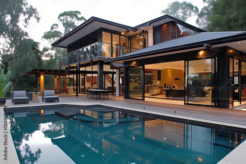 Fototapeta premium An Australian suburban craftsman house with a mix of materials, large glass panels, and a poolside deck for seamless indoor-outdoor living.
