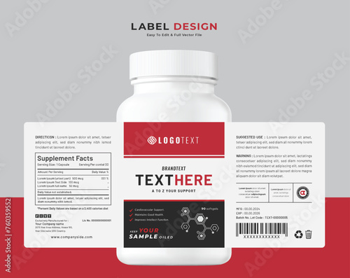 Food supplement vitamin label sticker design and bottle jar box packaging.