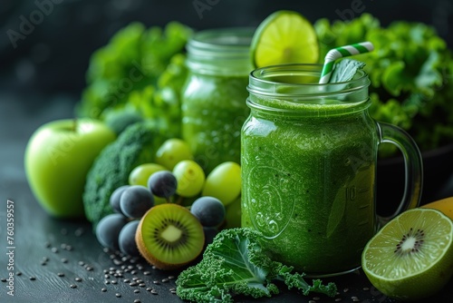 green smoothie in a glass with ingredients