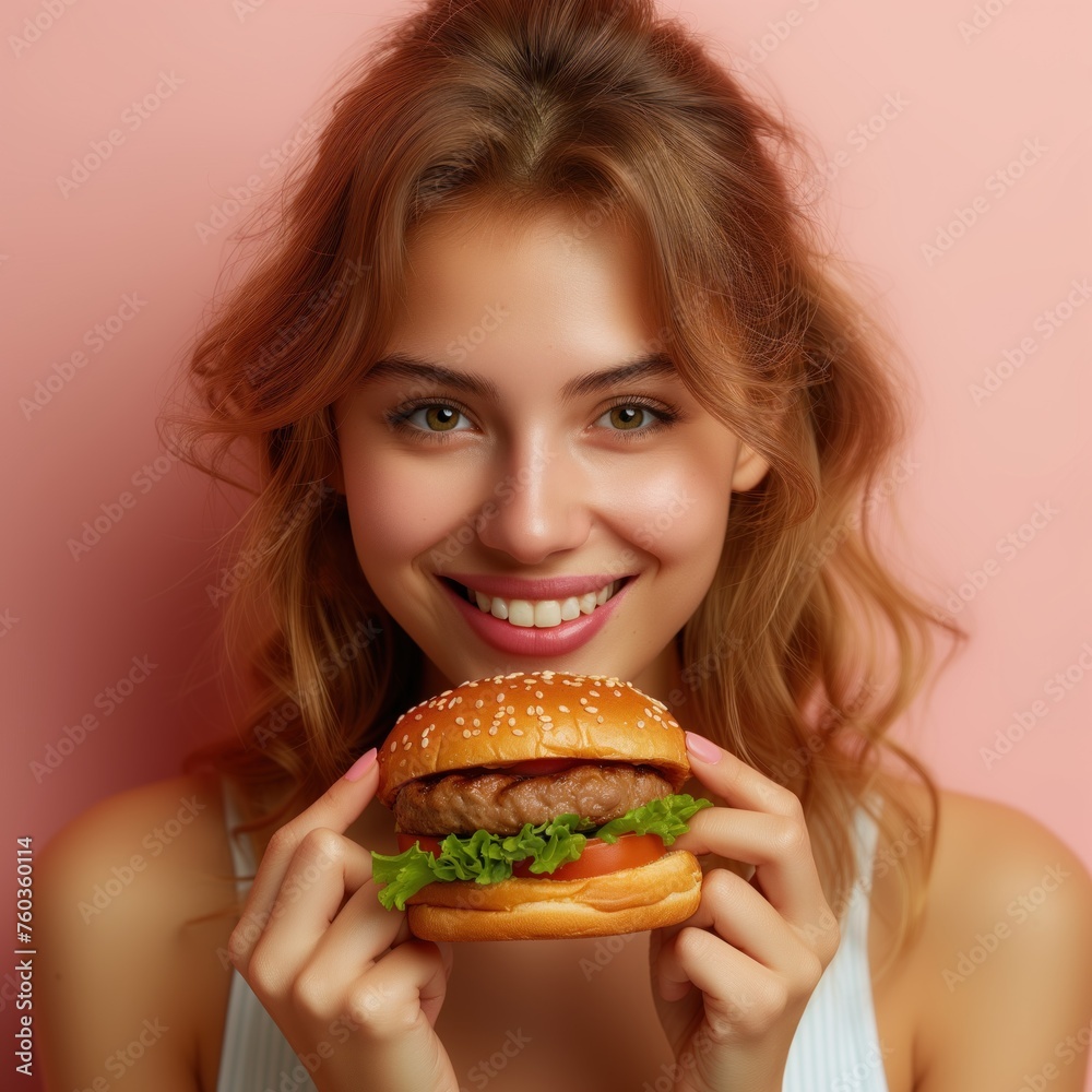 portrait of a woman with hamburger portrait of a woman with hamburger