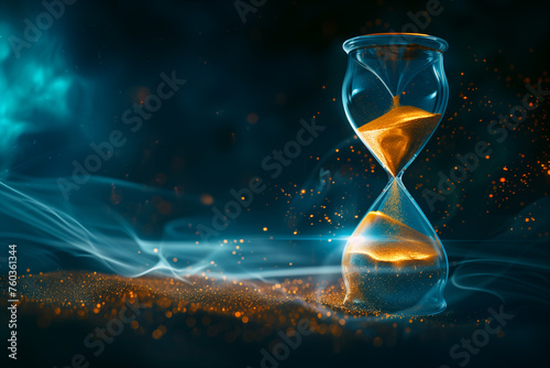 Captivating Time Clear Transparent Hourglass with Flowing Sands Against a Dark and Mesmerizing Background