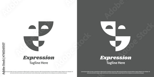 Theater mask logo icon. Simple flat silhouette face head character happy sad artist drama opera stage musical theater people emotion expression sad happy. Vintage classic illustration design art.