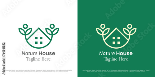 Eco friendly house logo icon. Silhouette linear line cabin building nature plant green leaves. Minimal clean minimalist illustration design of petal grow evergreen foliage sprout tree bio home.