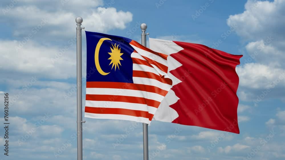 Bahrain and Malaysia two flags waving together, looped video, two country relations concept Bahrain and Malaysia two flags waving together, looped video, two country relations concept