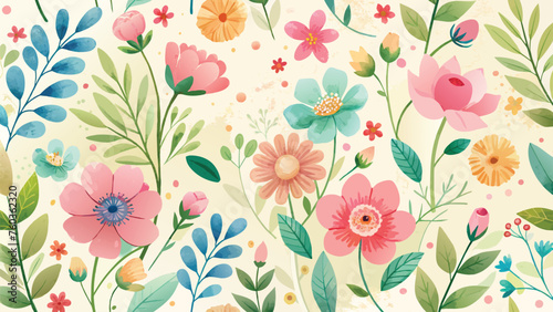 Seamless floral pattern with colorful flowers and leaves. Vector