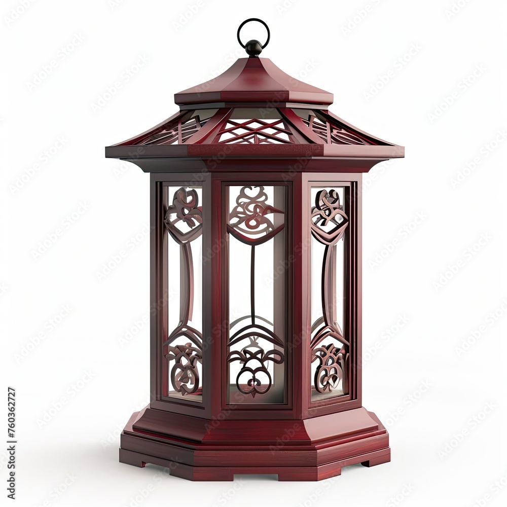 dark red modern wood lantern shiny with light and elegant ornament isolated on white background
