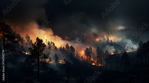 nature disaster fire burning destruction of wildlife with smoky sky background photo