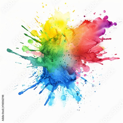 Vibrant watercolor splash in rainbow hues on a white background, expressing creativity and artistic expression.