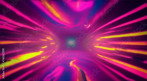 looping 3d animation of an abstract motion background, colorful light streaks moving with spinning around on the empty stage. Bright disco projector rotating in the dark room