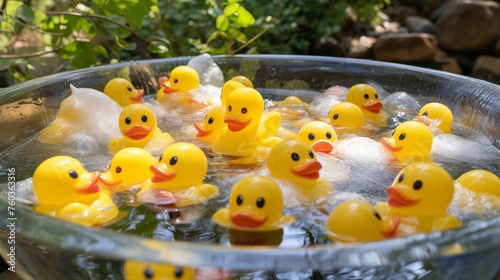 Cheerful rubber duckies floating in a clear water-filled basin, creating a delightful scene. photo